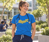 Female doctor wearing the sapphire blue ResusX T-shirt