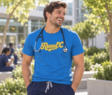 Male doctor wearing the sapphire blue ResusX T-shirt