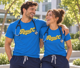 Male and female doctors wearing sapphire blue ResusX T-shirts